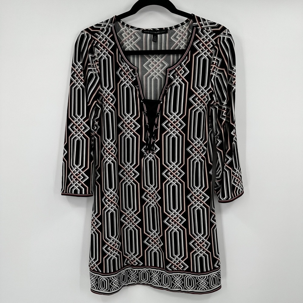 WHITE HOUSE BLACK MARKET Geometric Print Lace Up Tunic Dress Women's M